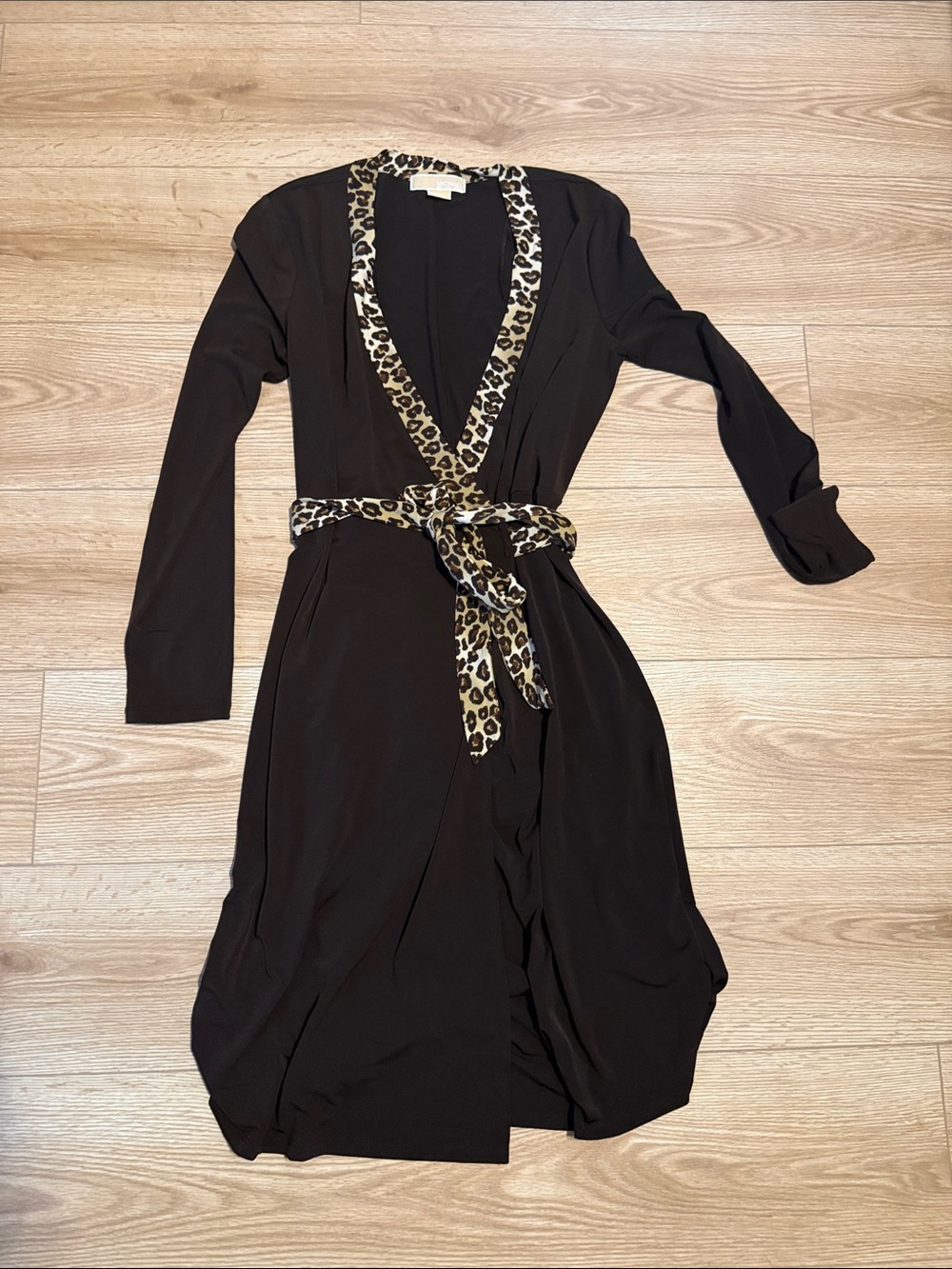 Michael Kors Brown Long-Sleeve Wrap Dress with Leopard Trim